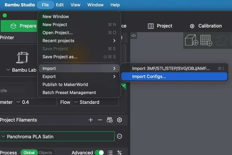 Import Configs-menuen i Bambu Studio